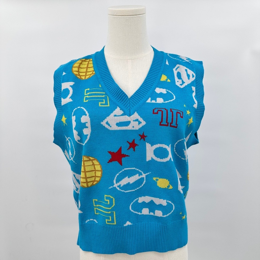 Justice League Graphic Sweater Vest Blue Large Y2K Streetwear Kidcore Layering